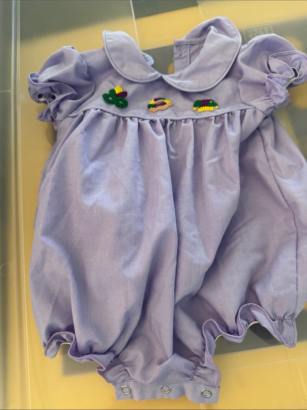 Lavender Baby One-Piece Romper with Embroidered Motifs